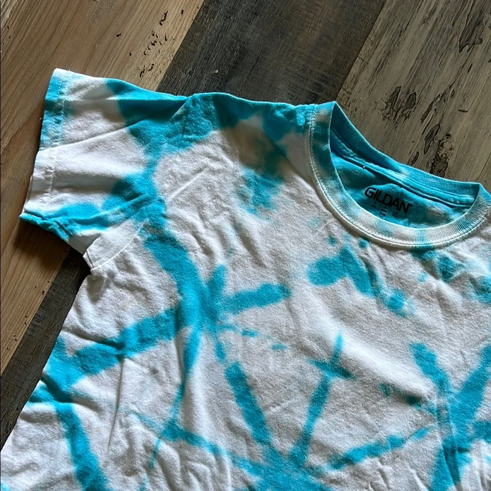 Blue & White Handmade Tie-Dye Gildan Kids T-Shirt Size: Youth Small (S)